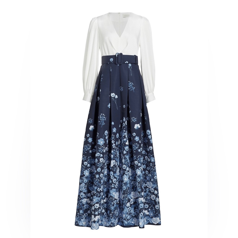 Sachin + Babi Navy and White Floral Long Dress with Belted Waist - Picture 2 of 13